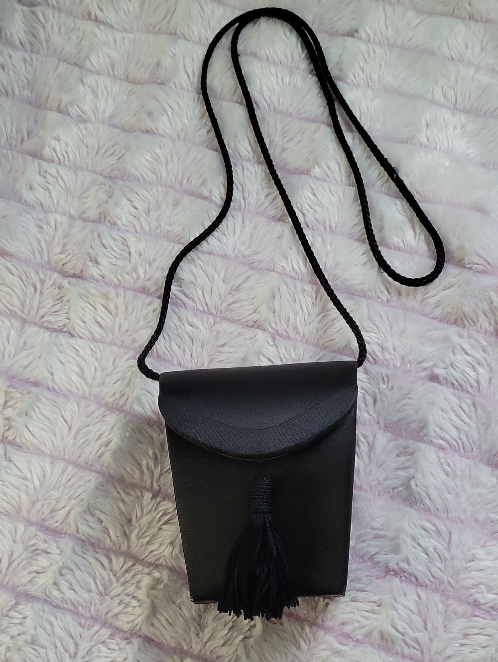 Vintage 90s Valerie Stevens Black Satin Micro Mini Crossbody Evening Bag Tassel